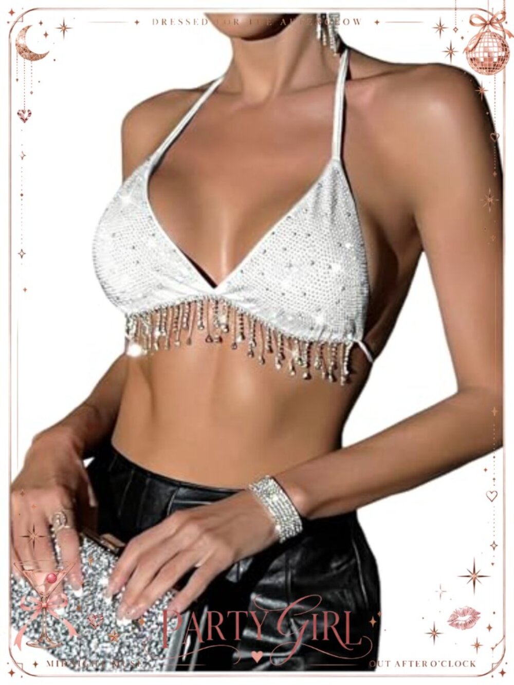 Sequin Halter Backless Rhinestone Fringe Glitter Crop Top Party Club